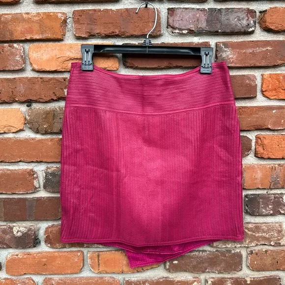 CUSP Genuine Leather Raspberry Lined Goldtone Zipper Mini Skirt Neiman Marcus M