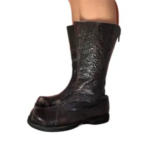 CYDWOQ Brown Crackled Leather Zip Up Mid Calf Boots Size 37