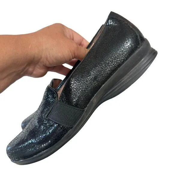 Dansko Addy Slip On Shoes Womens 38 US 7.5-8 Black Lizard Leather Wedge Loafers