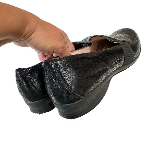 Dansko Addy Slip On Shoes Womens 38 US 7.5-8 Black Lizard Leather Wedge Loafers