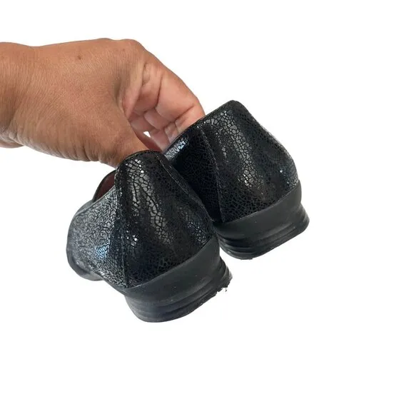 Dansko Addy Slip On Shoes Womens 38 US 7.5-8 Black Lizard Leather Wedge Loafers