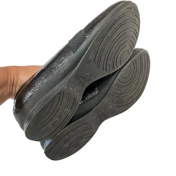 Dansko Addy Slip On Shoes Womens 38 US 7.5-8 Black Lizard Leather Wedge Loafers