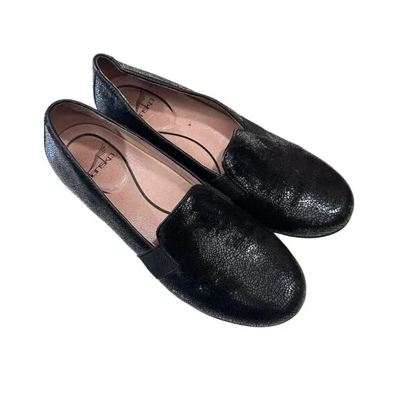 Dansko Addy Slip On Shoes Womens 38 US 7.5-8 Black Lizard Leather Wedge Loafers