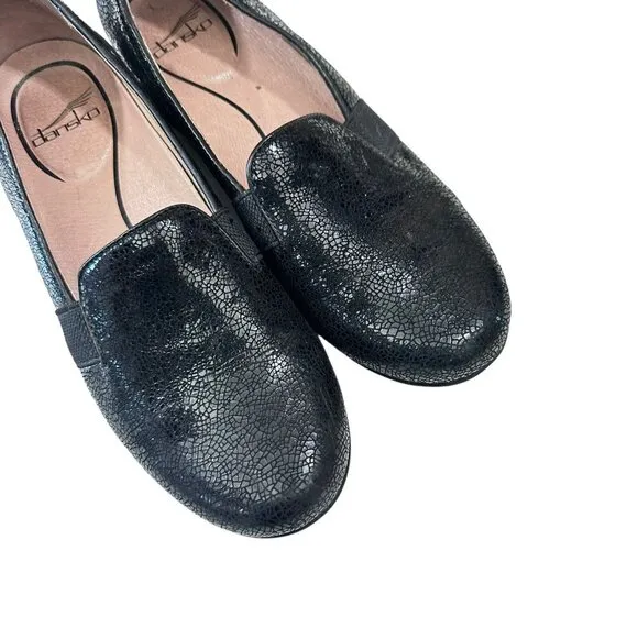 Dansko Addy Slip On Shoes Womens 38 US 7.5-8 Black Lizard Leather Wedge Loafers