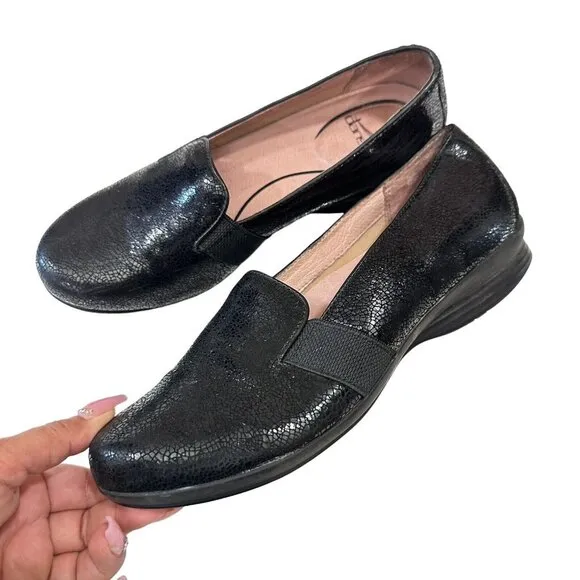 Dansko Addy Slip On Shoes Womens 38 US 7.5-8 Black Lizard Leather Wedge Loafers