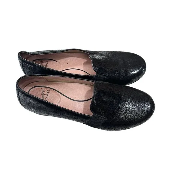 Dansko Addy Slip On Shoes Womens 38 US 7.5-8 Black Lizard Leather Wedge Loafers