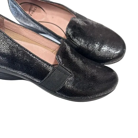 Dansko Addy Slip On Shoes Womens 38 US 7.5-8 Black Lizard Leather Wedge Loafers