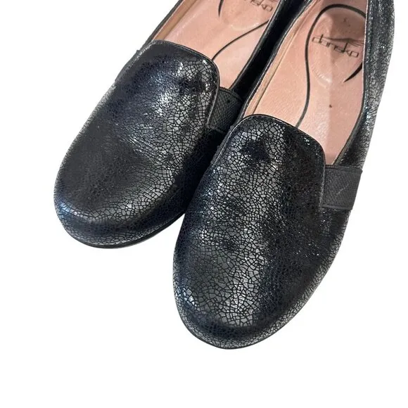 Dansko Addy Slip On Shoes Womens 38 US 7.5-8 Black Lizard Leather Wedge Loafers