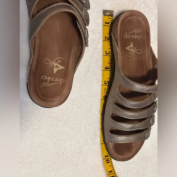 Dansko Janie Sandal Metallic Leather Adjustable Straps Cork Footbed.