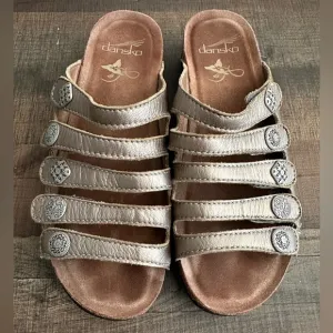 Dansko Janie Sandal Metallic Leather Adjustable Straps Cork Footbed.