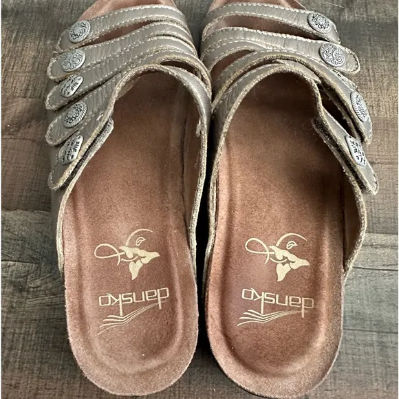 Dansko Janie Sandal Metallic Leather Adjustable Straps Cork Footbed.