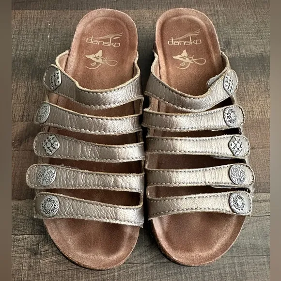 Dansko Janie Sandal Metallic Leather Adjustable Straps Cork Footbed.