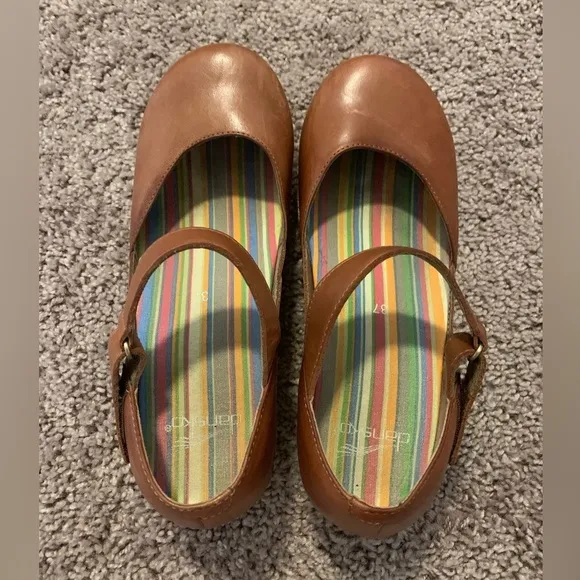 Dansko Mary Jane Full Grain Leather Clog Espadrilles Sandals Brown Whiskey 37