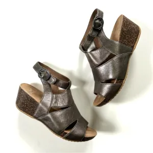Dansko Metallic Pewter Genuine Leather Strappy Sera Wedge Sandals