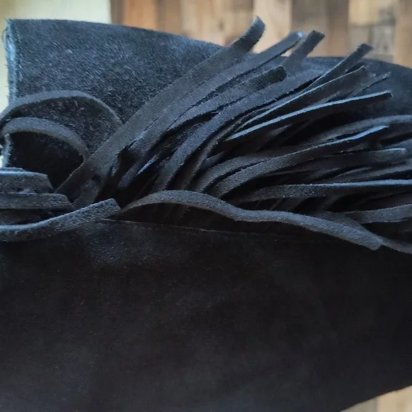 Denim And Supply Darcie Fringe Suede Leather Black Wedge Knee High Boots Sz 7.5