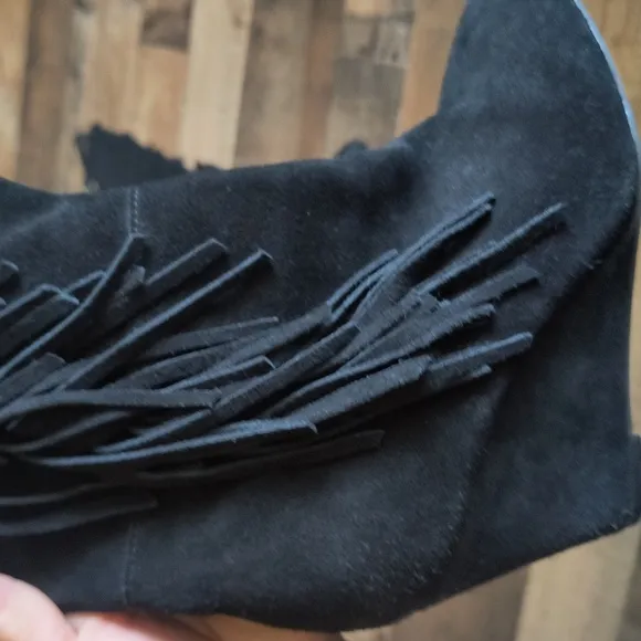 Denim And Supply Darcie Fringe Suede Leather Black Wedge Knee High Boots Sz 7.5