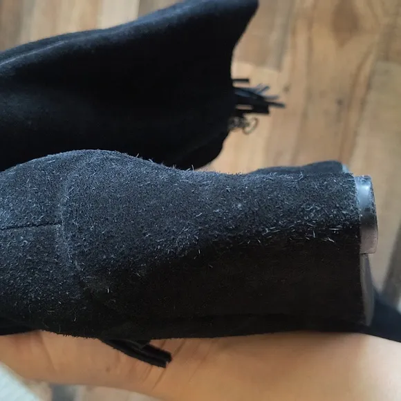Denim And Supply Darcie Fringe Suede Leather Black Wedge Knee High Boots Sz 7.5
