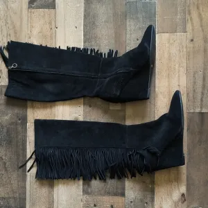 Denim And Supply Darcie Fringe Suede Leather Black Wedge Knee High Boots Sz 7.5
