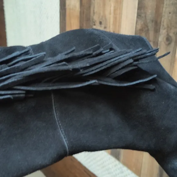Denim And Supply Darcie Fringe Suede Leather Black Wedge Knee High Boots Sz 7.5