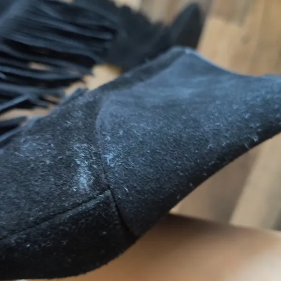 Denim And Supply Darcie Fringe Suede Leather Black Wedge Knee High Boots Sz 7.5