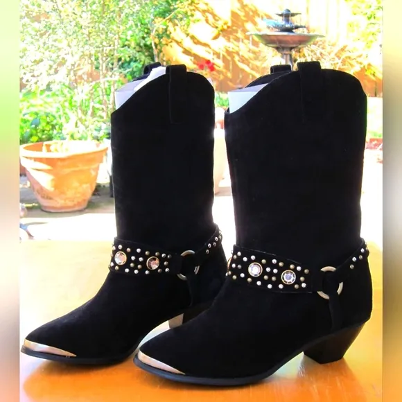 Diane Gilman Embellished Black Suede Leather Cowboy Boots Size 8W