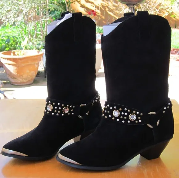 Diane Gilman Embellished Black Suede Leather Cowboy Boots Size 8W