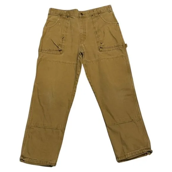 DICKIES Canvas Work Carpenter Brown Double Front Large Pockets Pants Mens 34x30