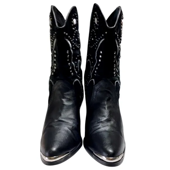 Dingo Black Studded Leather Ava Stacked Heel Cowboy Western Boots Women's Size 9