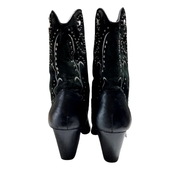 Dingo Black Studded Leather Ava Stacked Heel Cowboy Western Boots Women's Size 9