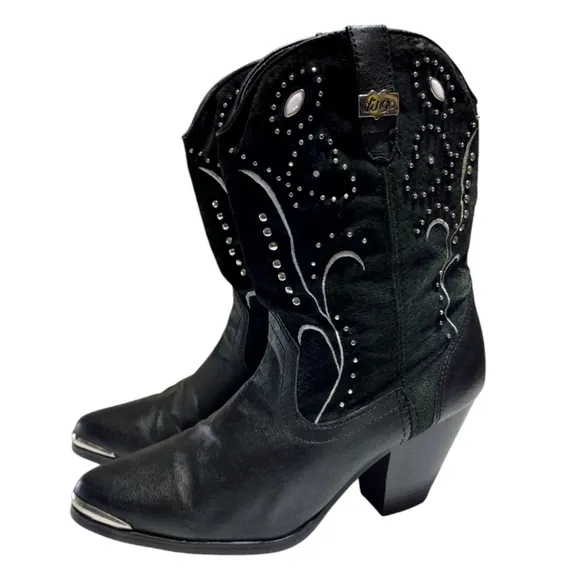 Dingo Black Studded Leather Ava Stacked Heel Cowboy Western Boots Women's Size 9
