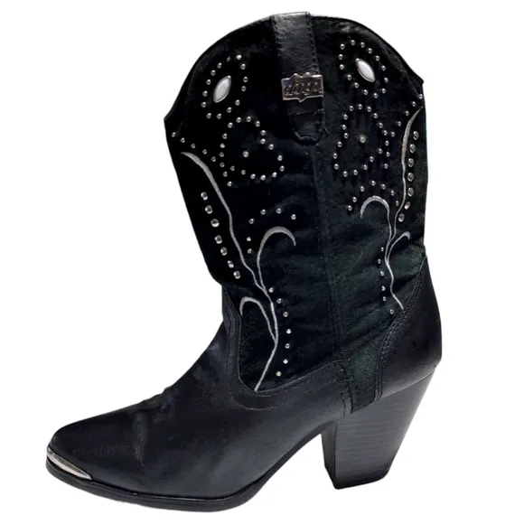 Dingo Black Studded Leather Ava Stacked Heel Cowboy Western Boots Women's Size 9