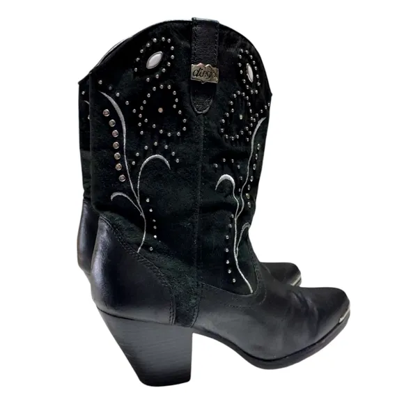 Dingo Black Studded Leather Ava Stacked Heel Cowboy Western Boots Women's Size 9