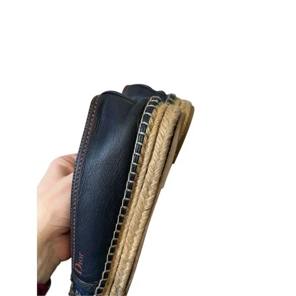 Dior Blue Leather and Denim Crystal Embellished Flat Espadrilles Size 37.5 Slip