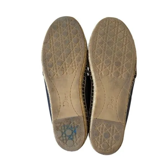 Dior Blue Leather and Denim Crystal Embellished Flat Espadrilles Size 37.5 Slip