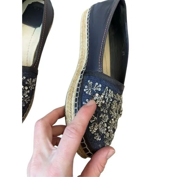 Dior Blue Leather and Denim Crystal Embellished Flat Espadrilles Size 37.5 Slip