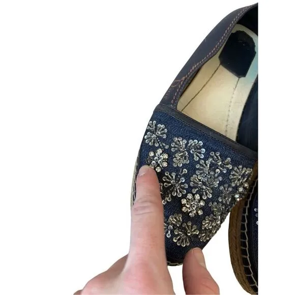 Dior Blue Leather and Denim Crystal Embellished Flat Espadrilles Size 37.5 Slip