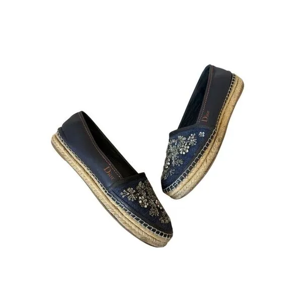 Dior Blue Leather and Denim Crystal Embellished Flat Espadrilles Size 37.5 Slip