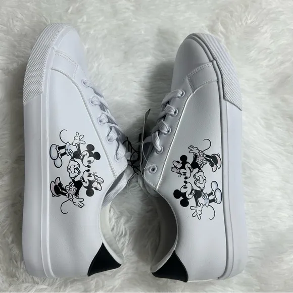 Disney Mickey Minnie Mouse Sneakers Womens 11 White Faux Leather Low Top Lace Up