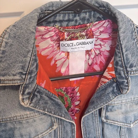 [Dolce &amp; Gabanna] Denim Floral Lined Luxury Jean Jacket Women’s Sz 38 / US 2