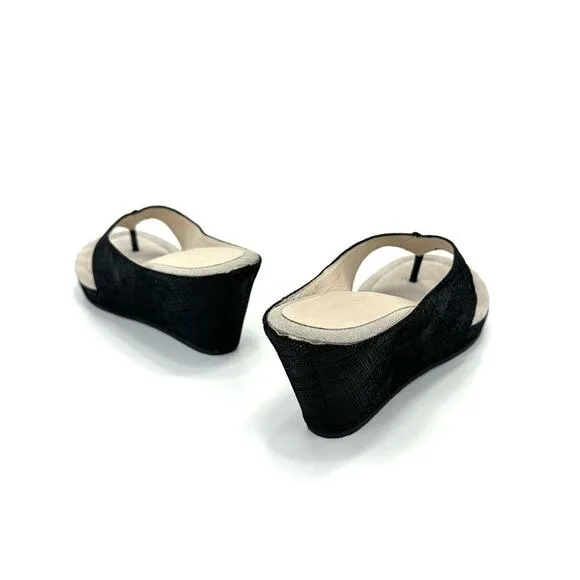 DONALD J. PLINER &quot;GILLESA&quot; BLACK SHIMMERY LEATHER THONG TOE WEDGE HEEL SANDALS🆕