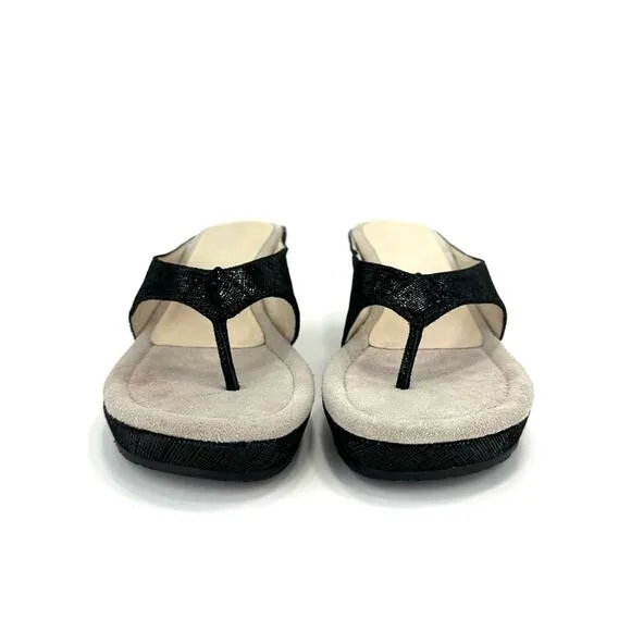 DONALD J. PLINER &quot;GILLESA&quot; BLACK SHIMMERY LEATHER THONG TOE WEDGE HEEL SANDALS🆕