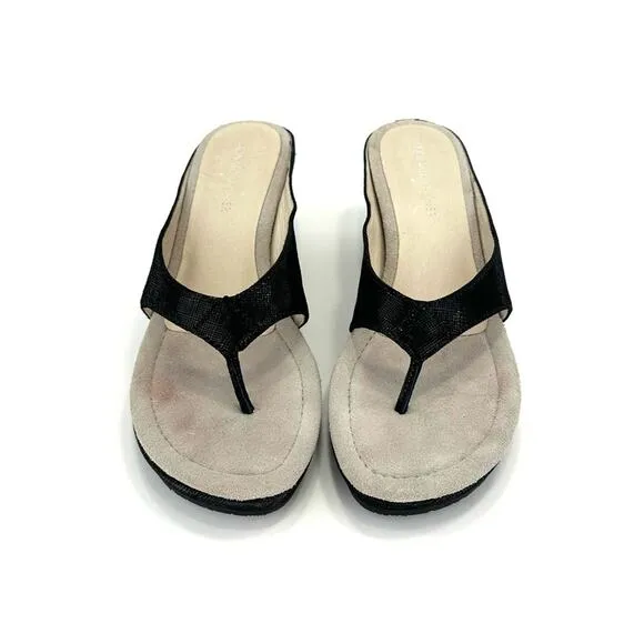 DONALD J. PLINER &quot;GILLESA&quot; BLACK SHIMMERY LEATHER THONG TOE WEDGE HEEL SANDALS🆕