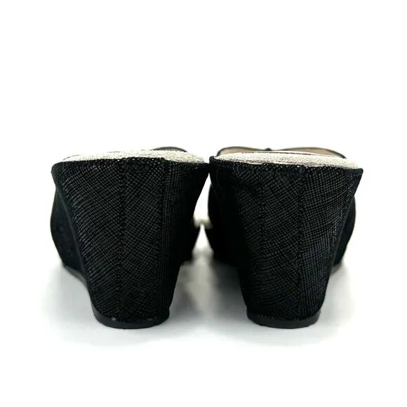 DONALD J. PLINER &quot;GILLESA&quot; BLACK SHIMMERY LEATHER THONG TOE WEDGE HEEL SANDALS🆕