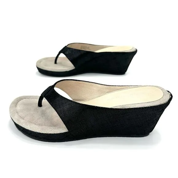 DONALD J. PLINER &quot;GILLESA&quot; BLACK SHIMMERY LEATHER THONG TOE WEDGE HEEL SANDALS🆕