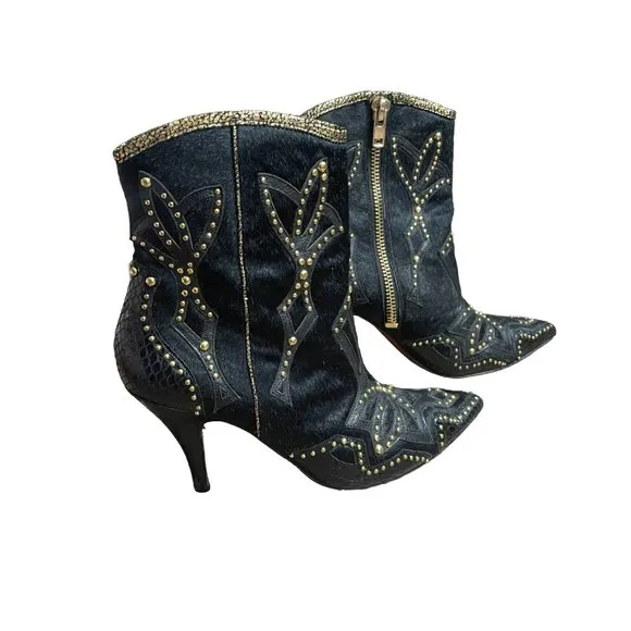 Donald J Pliner Tonto Boots size 8.5 black hair calf heel gold stud watersnake
