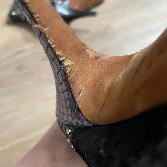 Donald J Pliner Tonto Boots size 8.5 black hair calf heel gold stud watersnake
