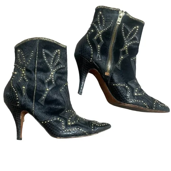 Donald J Pliner Tonto Boots size 8.5 black hair calf heel gold stud watersnake