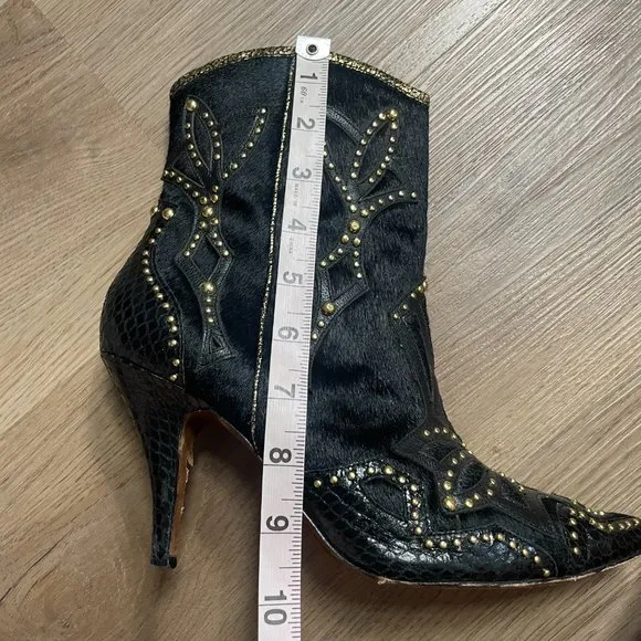 Donald J Pliner Tonto Boots size 8.5 black hair calf heel gold stud watersnake