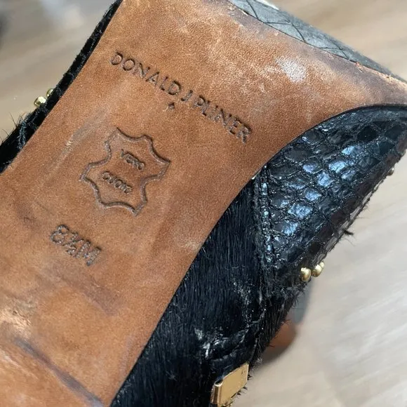 Donald J Pliner Tonto Boots size 8.5 black hair calf heel gold stud watersnake