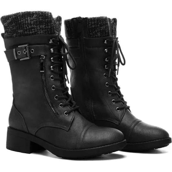 DREAM PAIRS Women's Winter Lace up Mid Calf Combat Riding Military Boots